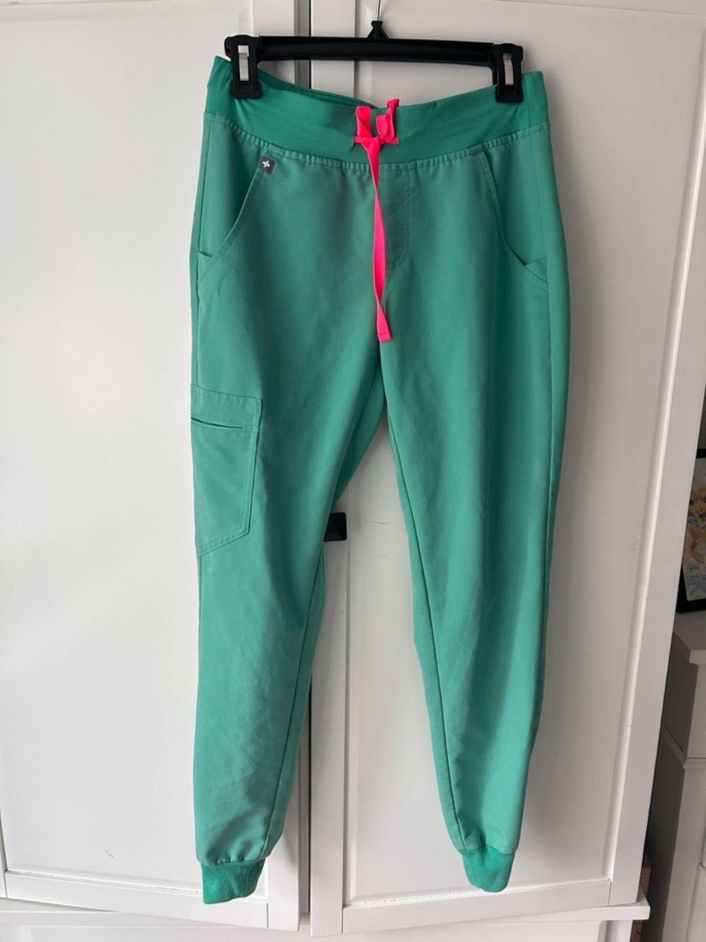 Figs Women's Scrub Jogger Pants in Teal with Pink Drawstring